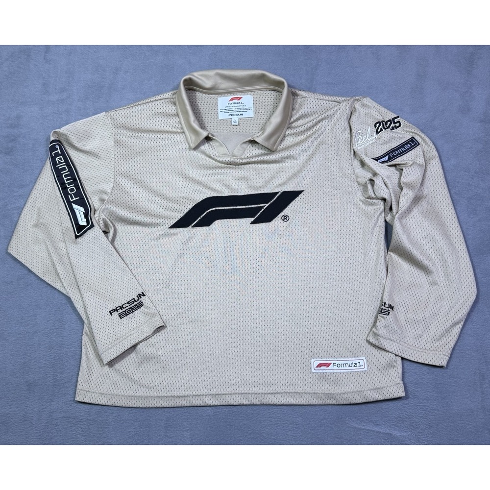 PacSun Formula 1 F1 Mens L 2025 Racing Jersey Mesh Long Sleeve Beige Logo USA